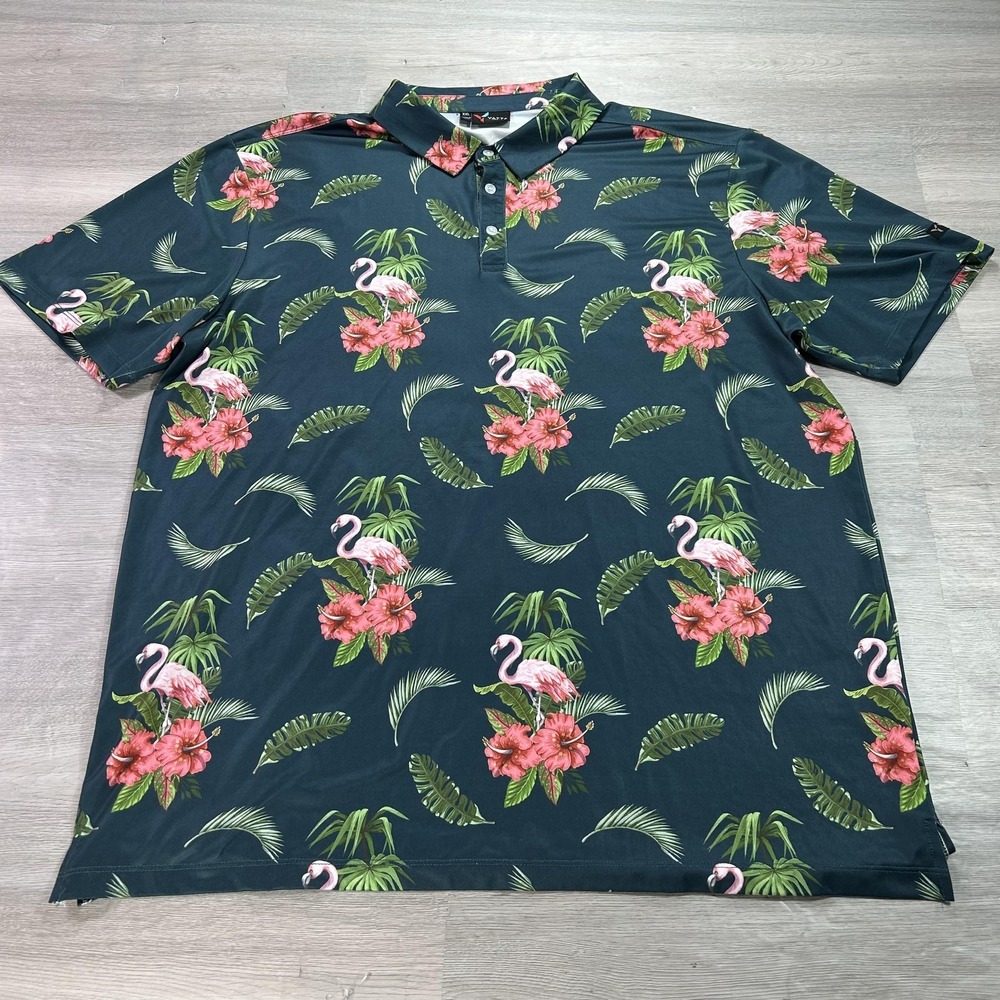 Yatta Golf Polo Shirt Mens 2XL Blue Flamingo‎ Floral Golf Stretch Performance
